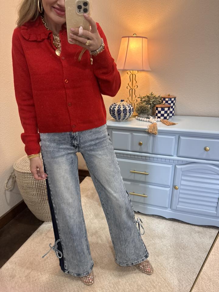 Red Ruffle Collar Cardigan Sweater