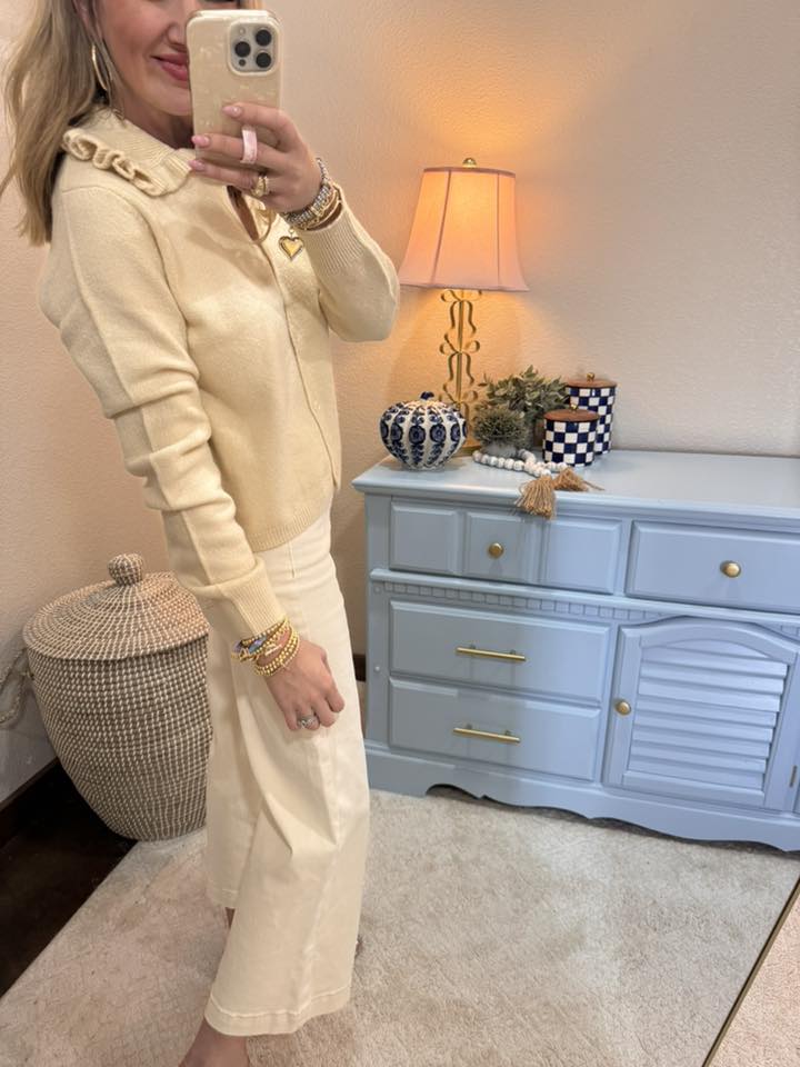 Cream Ruffle Collar Cardigan Sweater