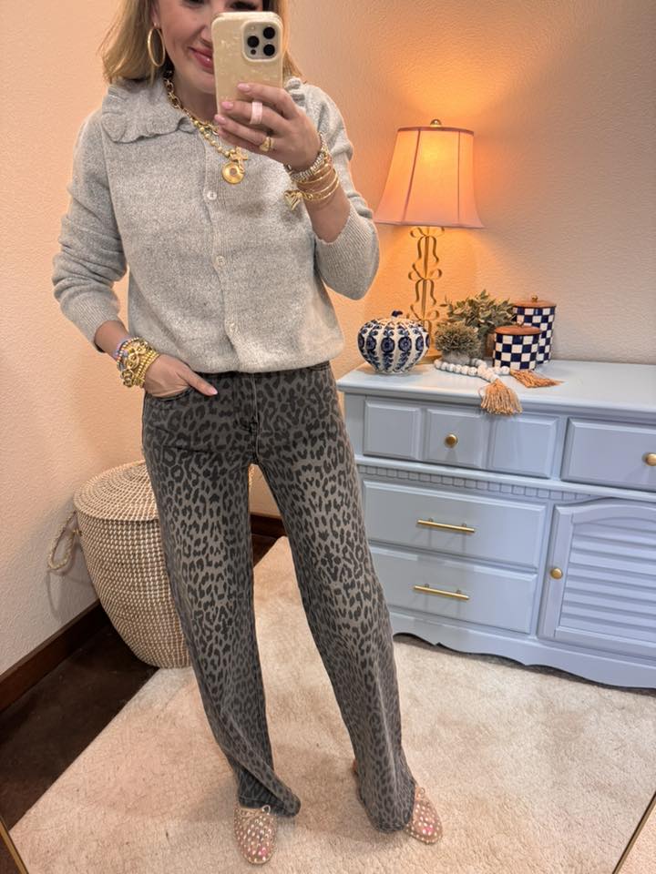Gray Ruffle Collar Cardigan Sweater