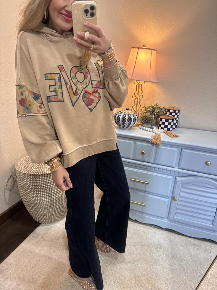 Mocha Love Patch Front Washed Terry Pullover Hoodie