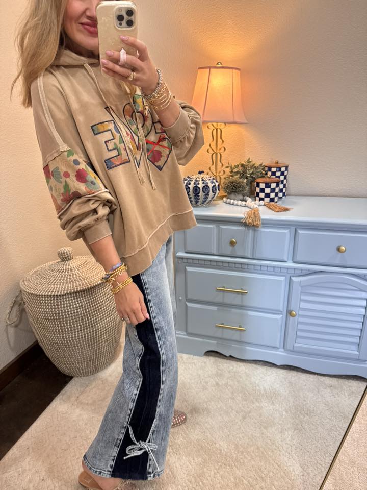 Mocha Love Patch Front Washed Terry Pullover Hoodie