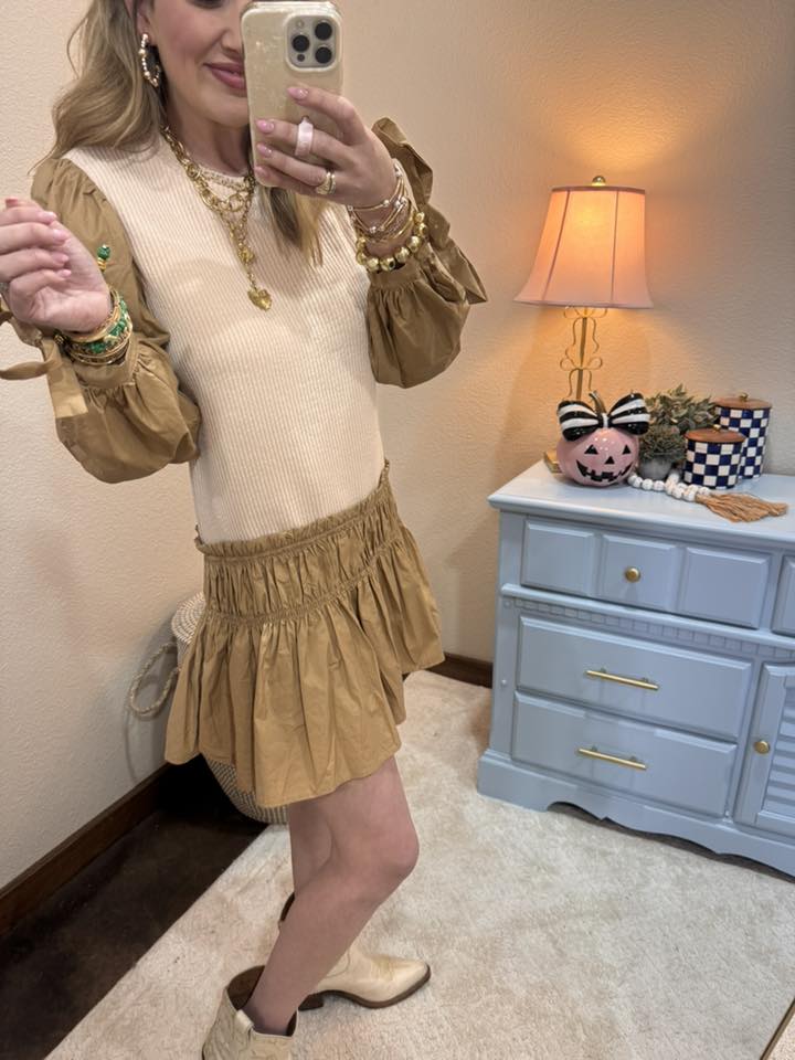 Camel Mixed Material Long Sleeve Dress