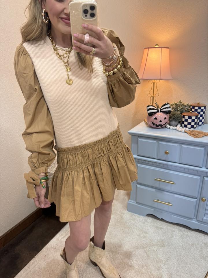 Camel Mixed Material Long Sleeve Dress