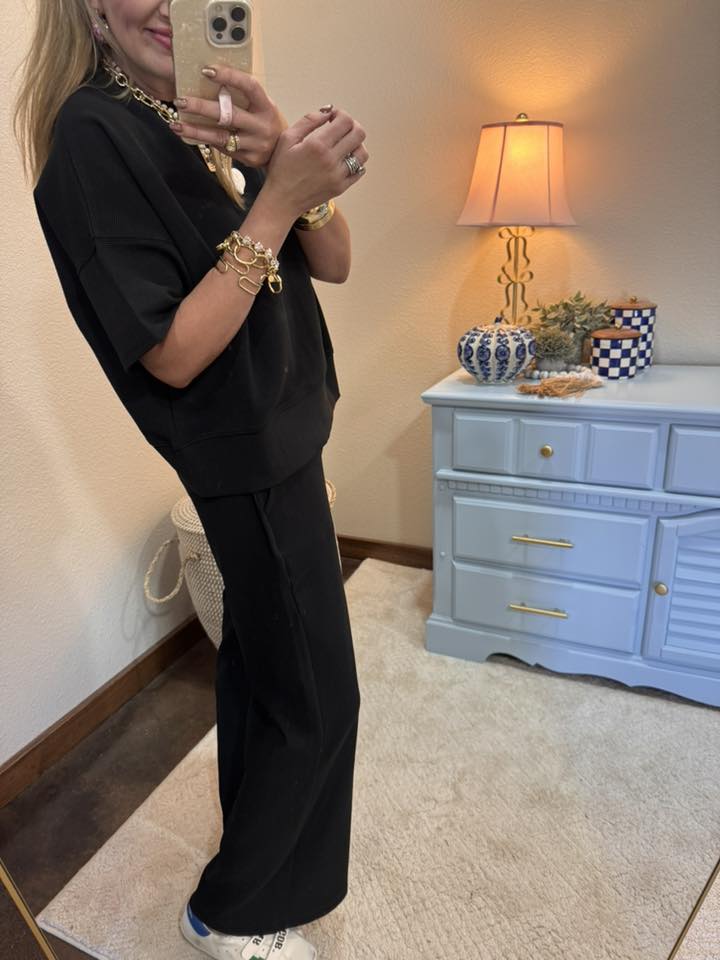 Black Ribbed Round Neck Tee & Pants Set