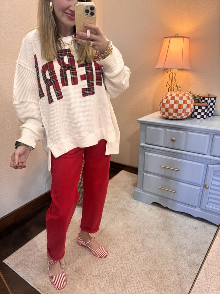 Christmas Plaid "Merry" Lettering Over-sized Waffle Thermal