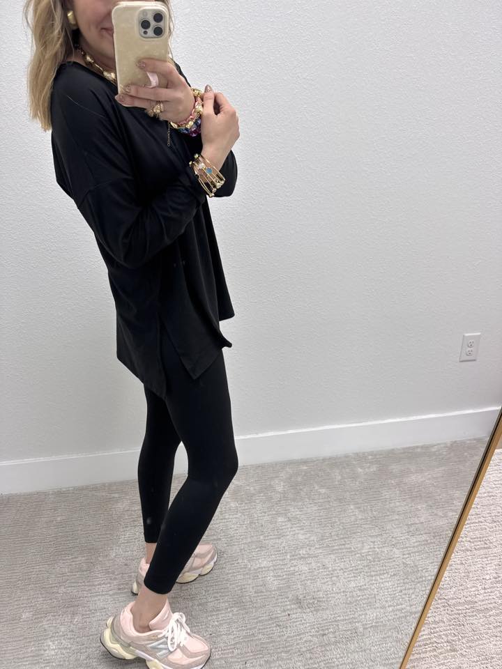 Black Microfiber Round Neck Top & Leggings Set