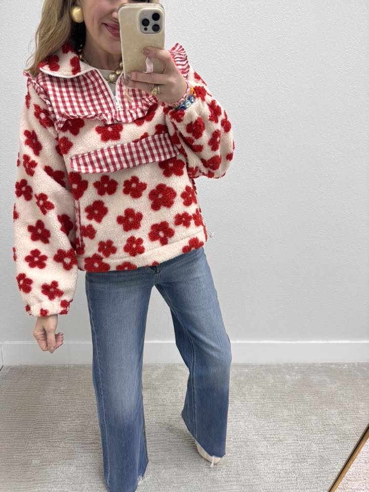White & Red Floral Sherpa Pullover