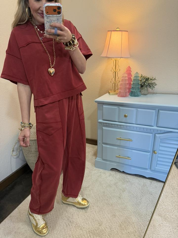 Wine Mineral Washed Exposed Barrel Two Piece Pant Set