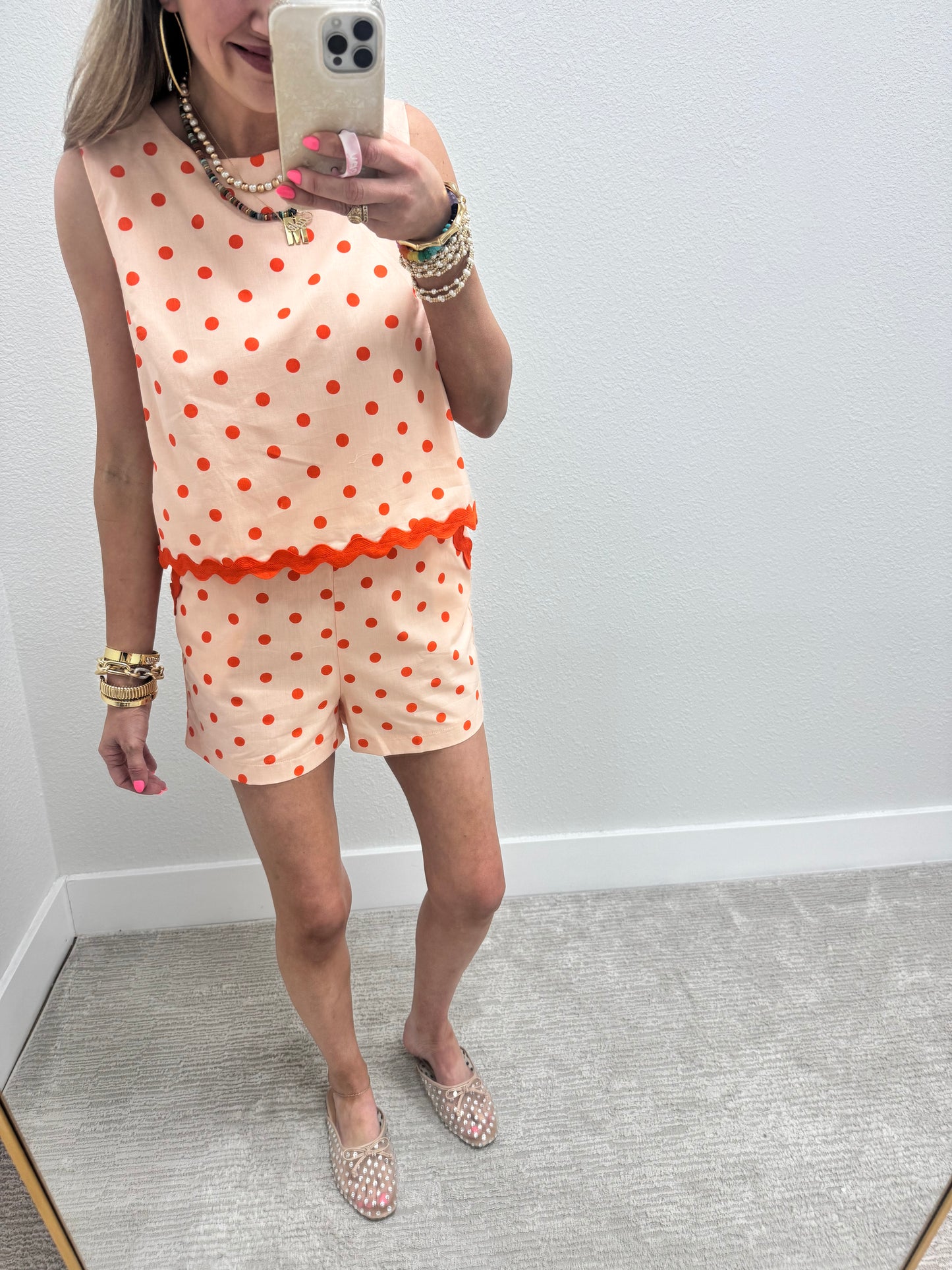 Orange and Cream Polkadot Ric Rac Two Piece Short Set