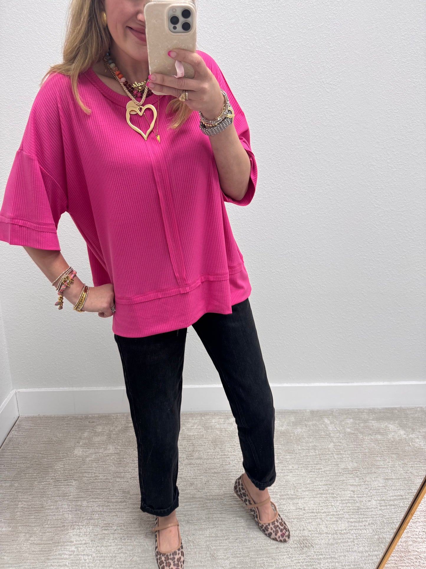 Pink Ribbed Half Sleeve Top
