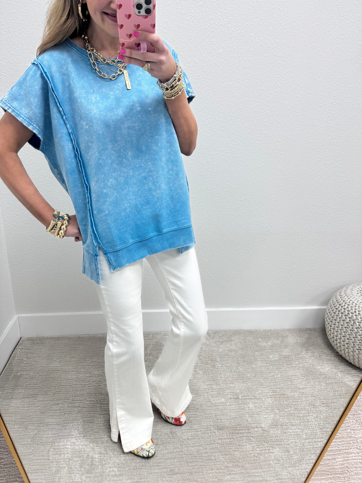 Sky Blue Mineral Washed Exposed Hem Short Sleeve