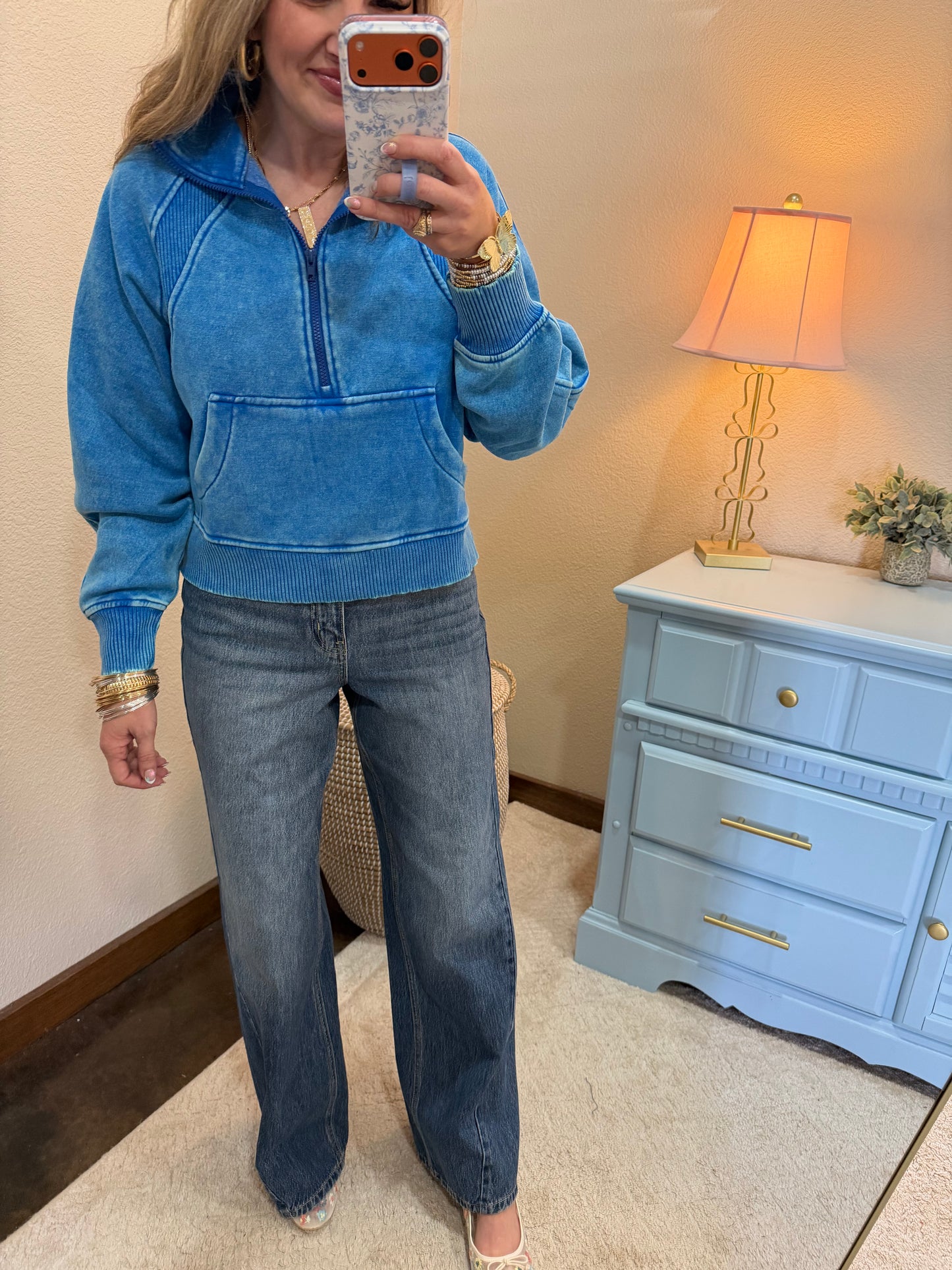 Ocean Blue Acid Washed Half Zip Fleece Pullover