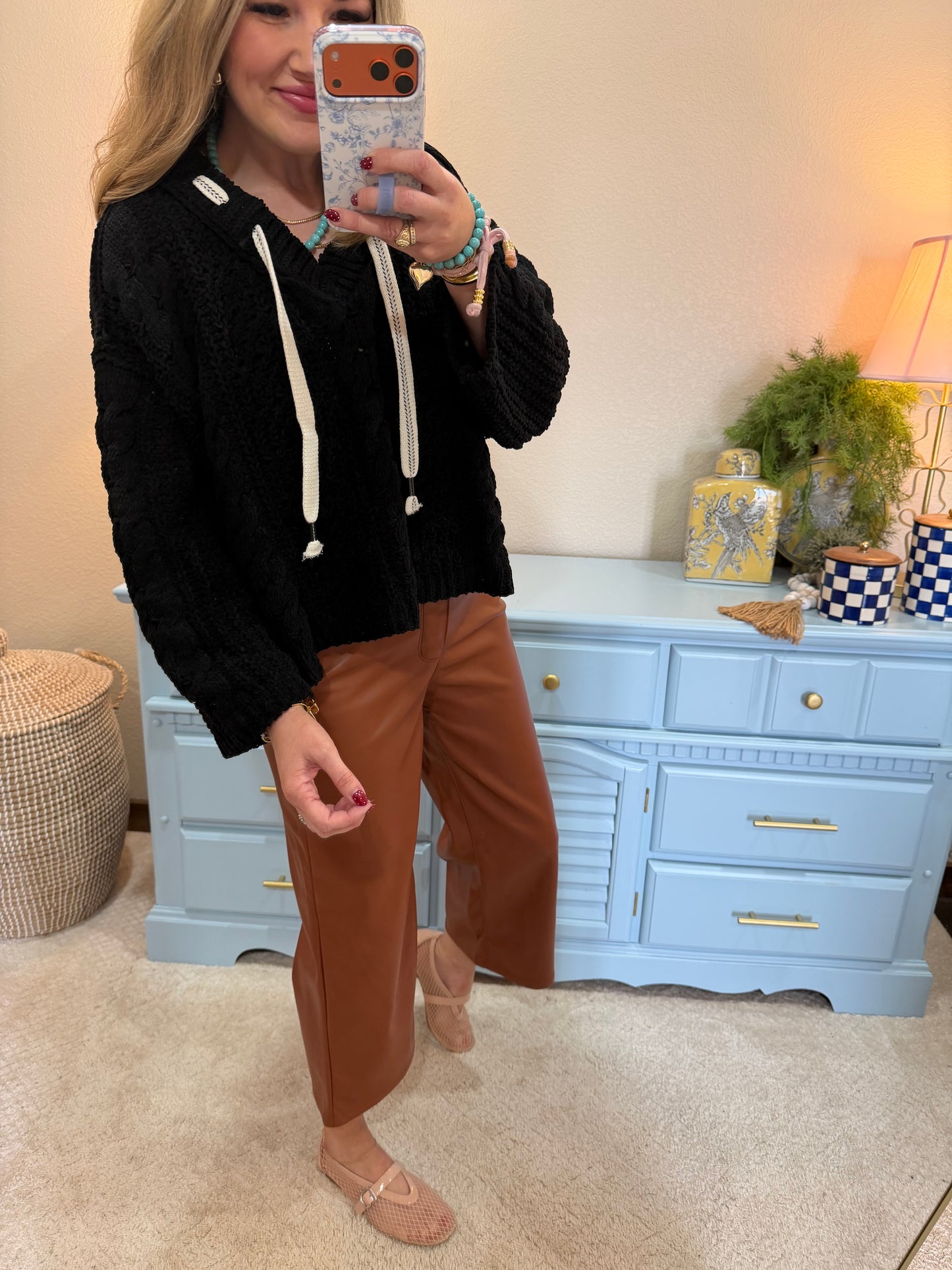 Black Cable Knit Printed Tie Sweater