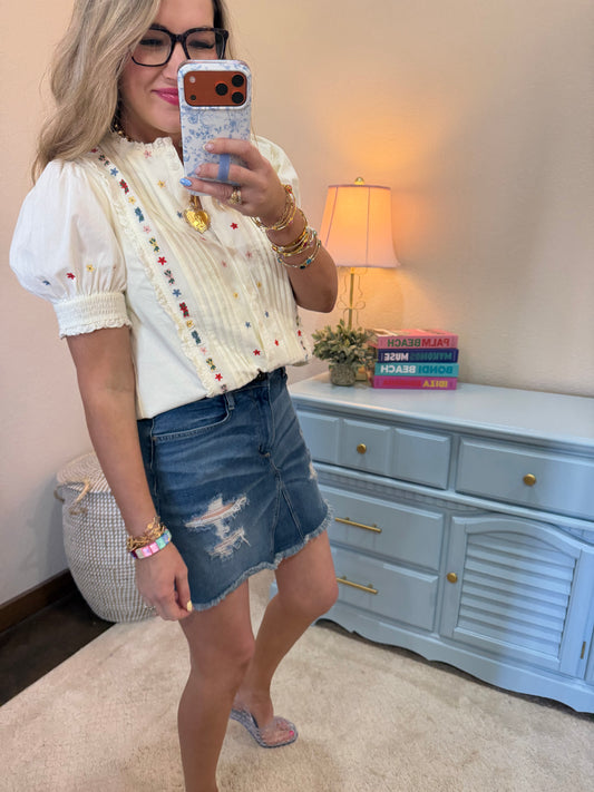 Ecru Flower Embroidered Button Down Blouse Top