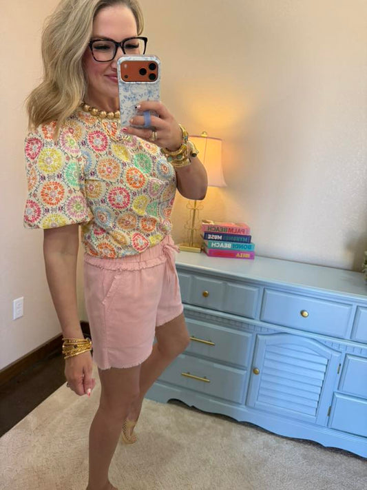 Light Pink Elastic Waist Frayed Hem Shorts