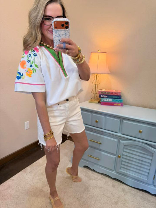 White Floral Embroidered Raglan Top With Color Piping