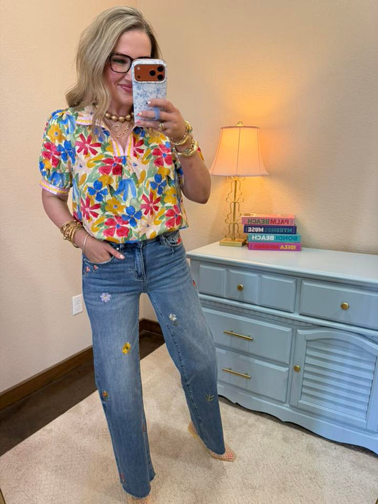Floral Satin Wavy Trim Detailed Top
