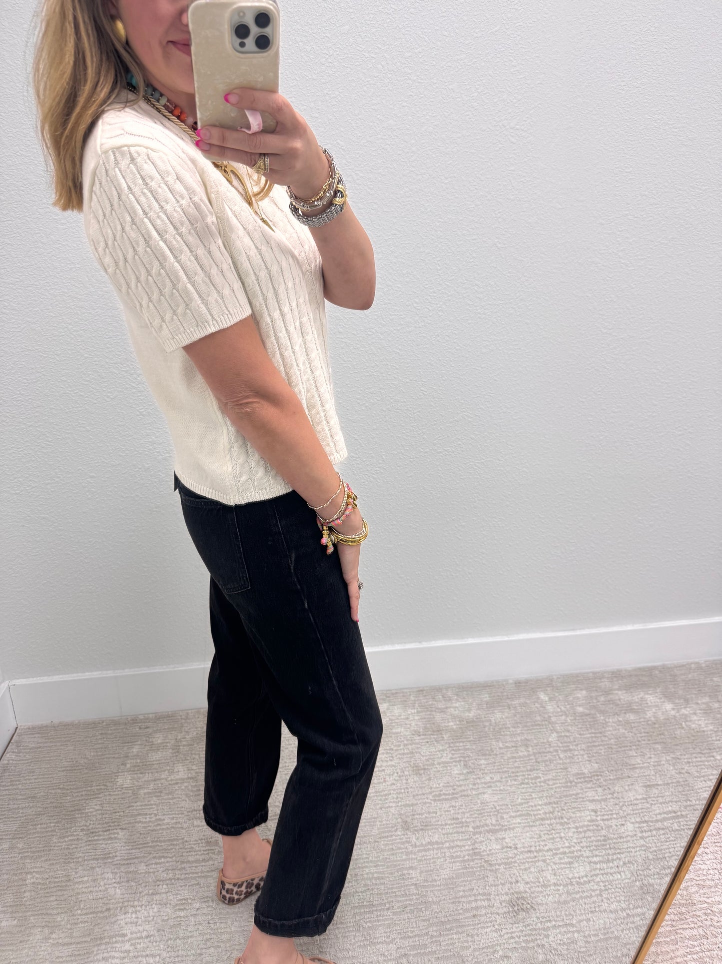 Cream Round Neck Cable Knit Top