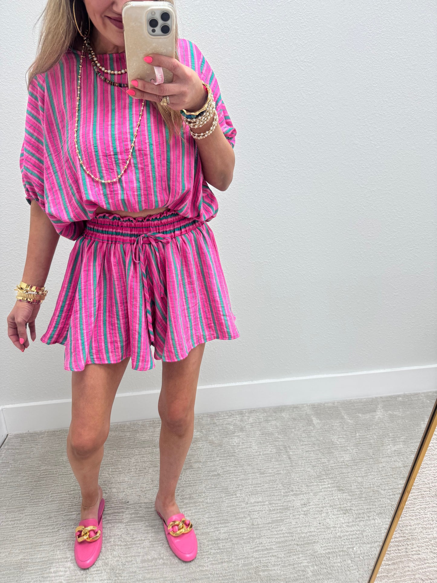 Pink and Green Striped Flowey Two Piece Short Set