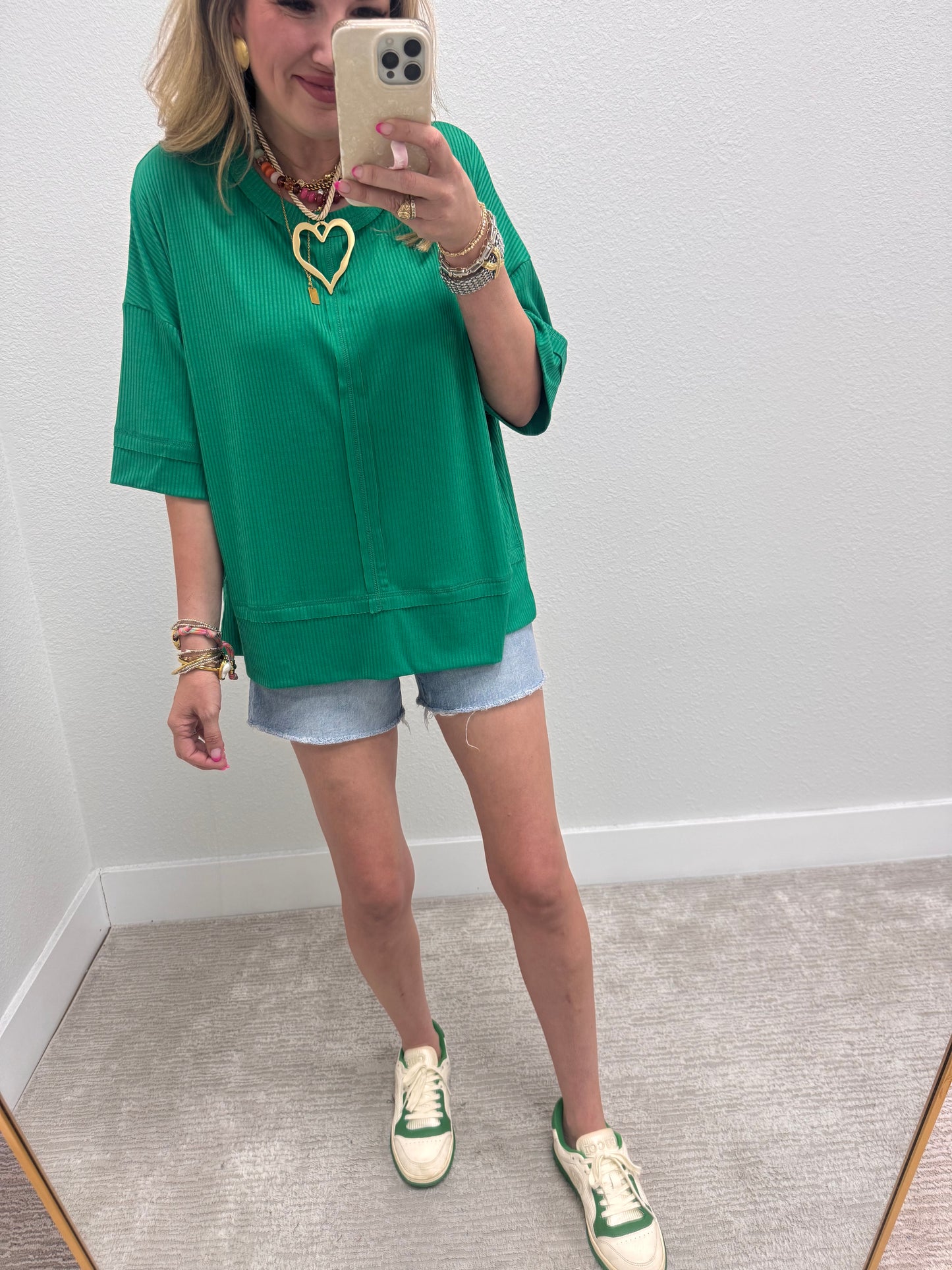 Kelly Green Ribbed Half Sleeve Top