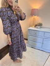 Brown Mix 3/4 Puff Sleeve Midi Dress