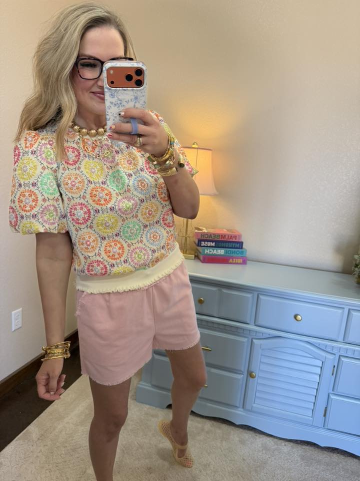 Floral Embroidered Print Bubble Sleeve Top | Cactus Joys
