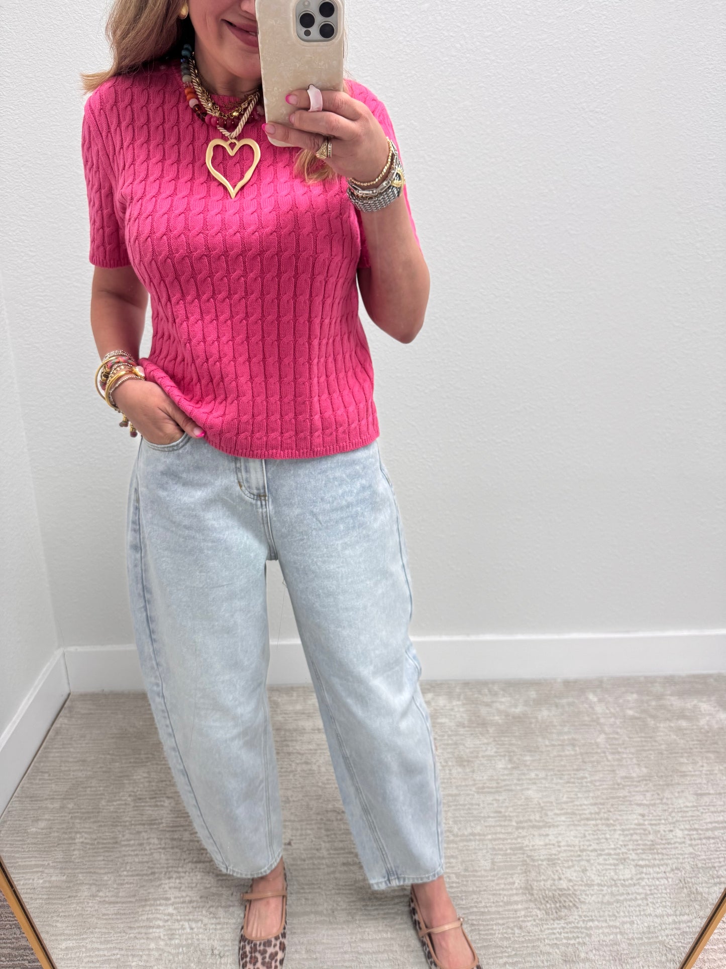 Pink Round Neck Cable Knit Top