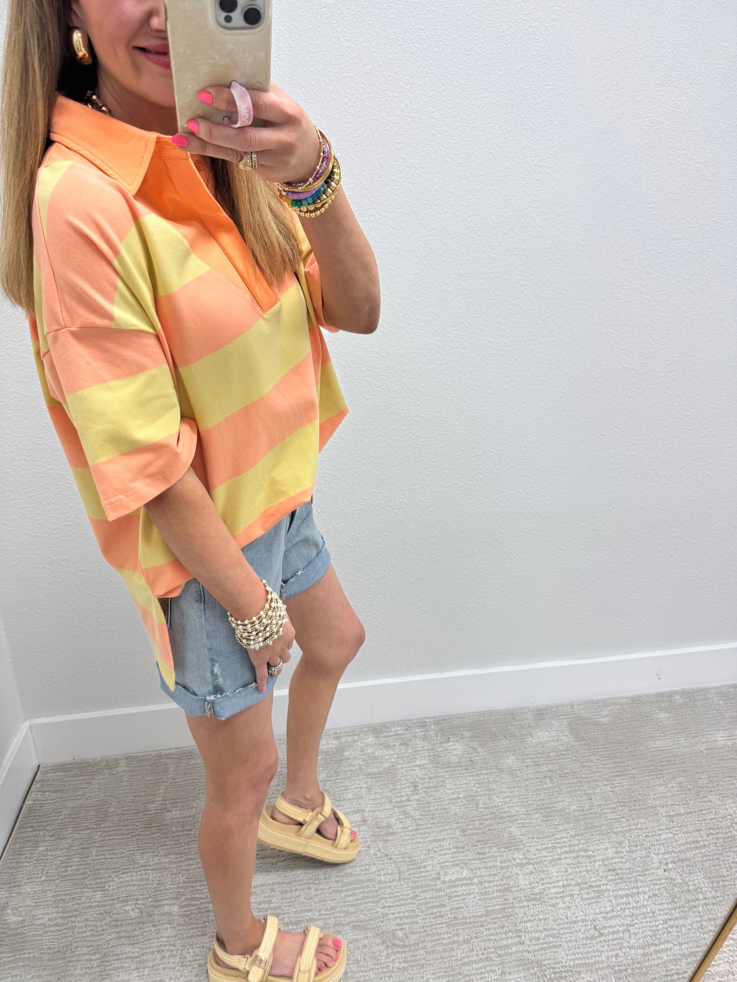 Yellow and Orange Stripe Oversized Collar Top