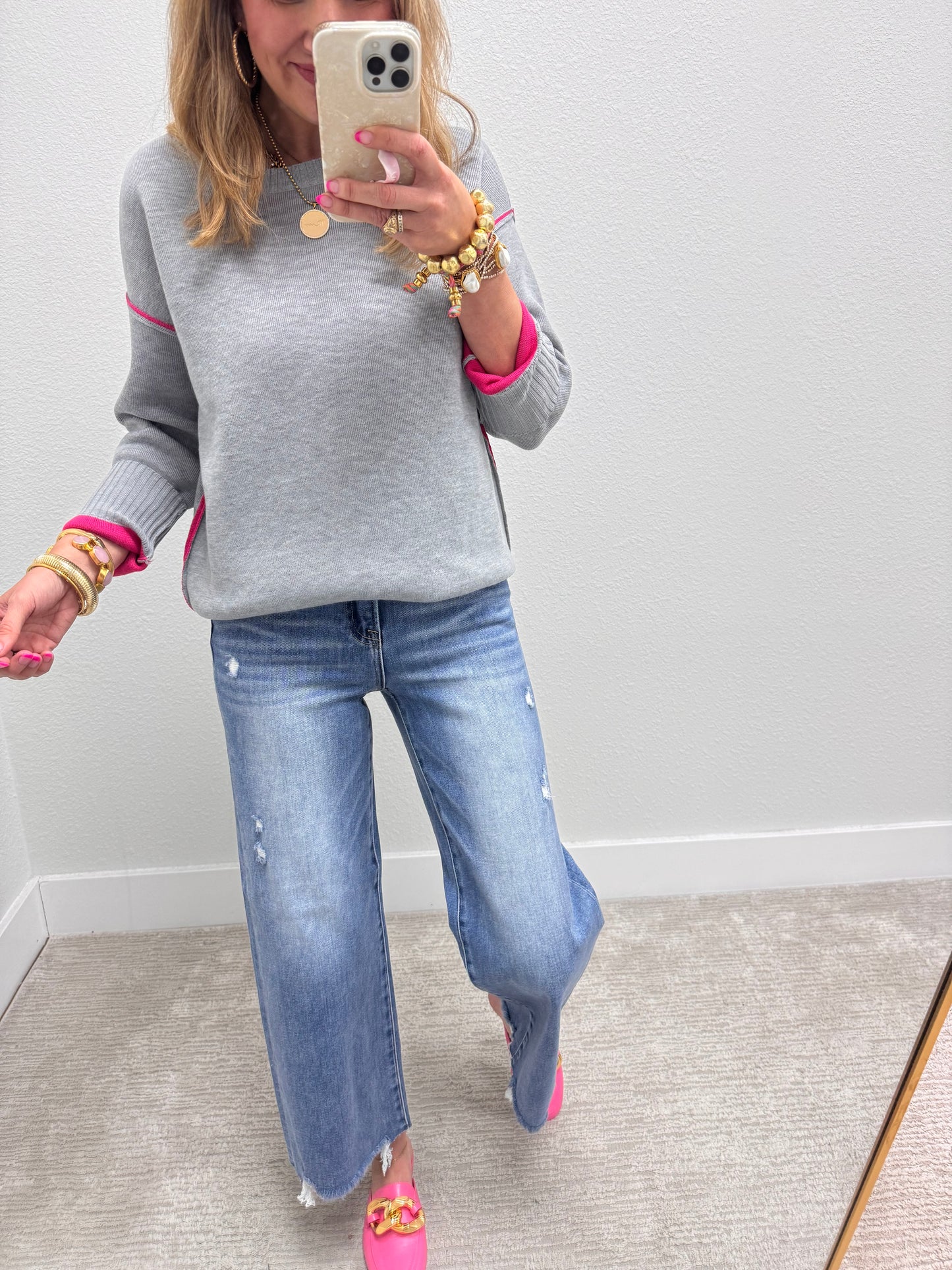Charcoal & Pink Round Neck Contrast Trim Sweater