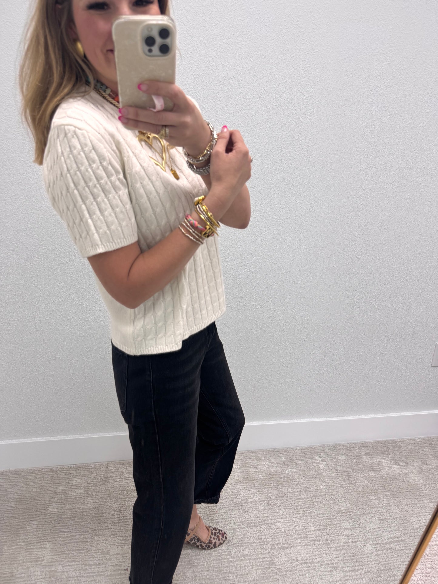 Cream Round Neck Cable Knit Top