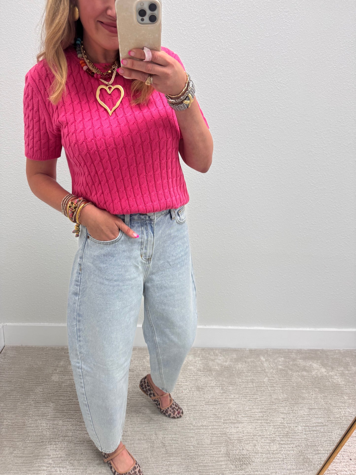 Pink Round Neck Cable Knit Top