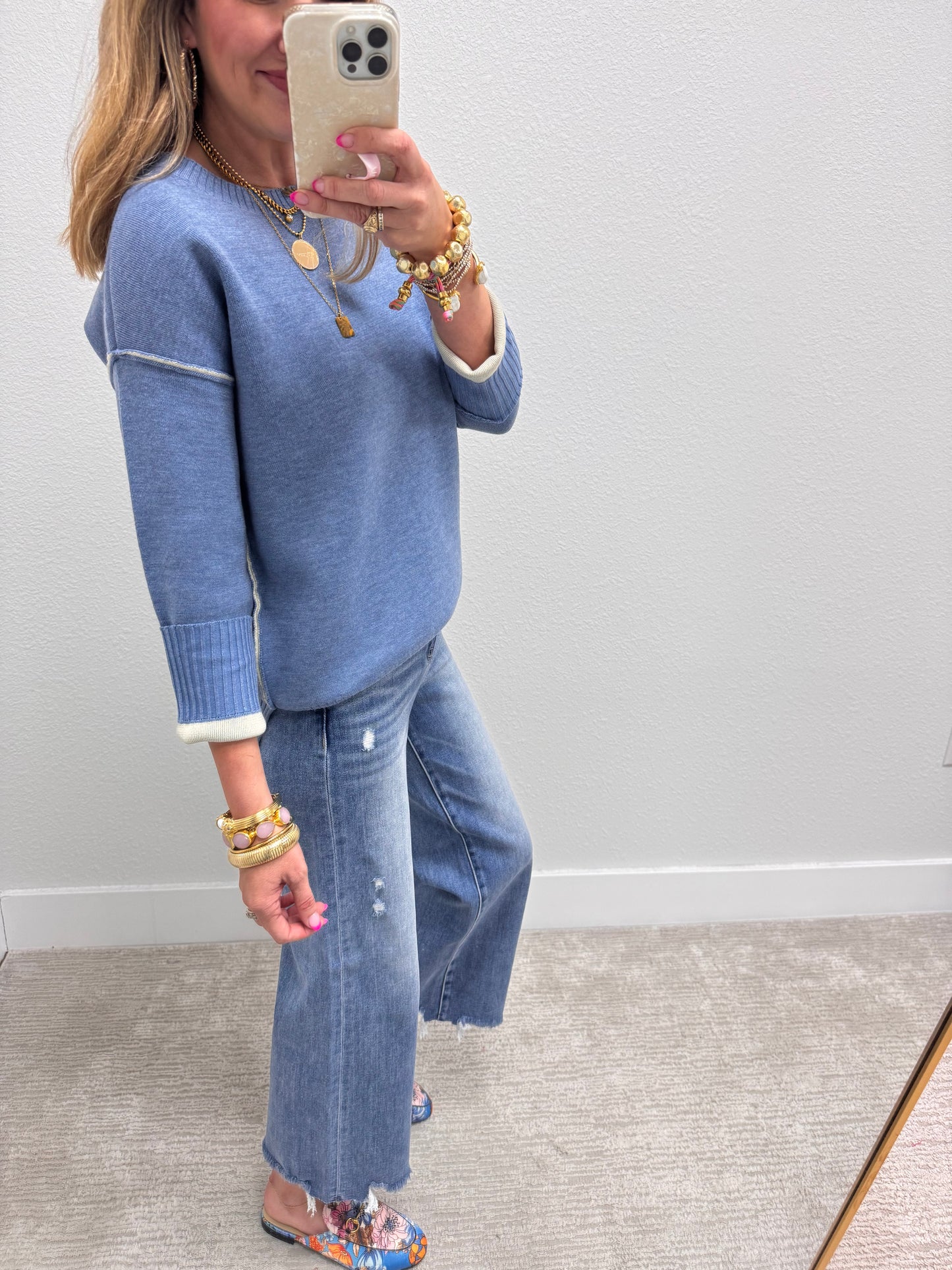 Dusty Blue & Cream Round Neck Contrast Trim Sweater