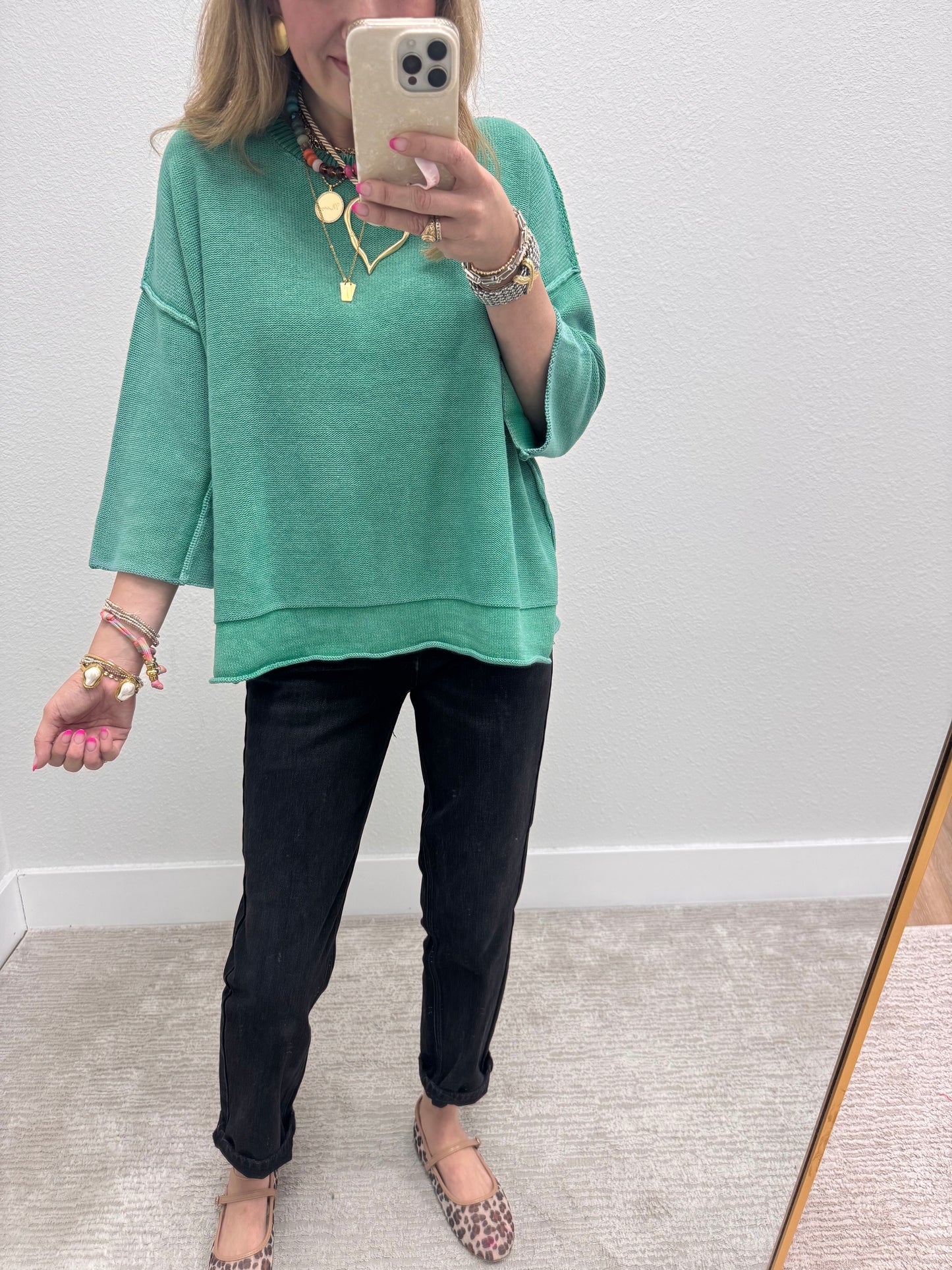 Aug18 Kelly Green Washed 3/4 Sleeve Boxy Sweater