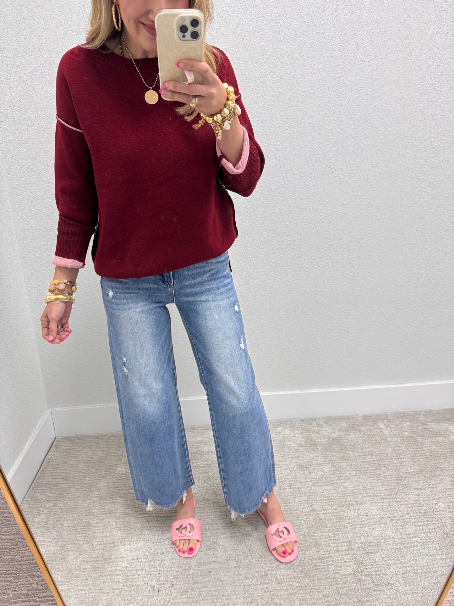 Burgundy & Pink Round Neck Contrast Trim Sweater