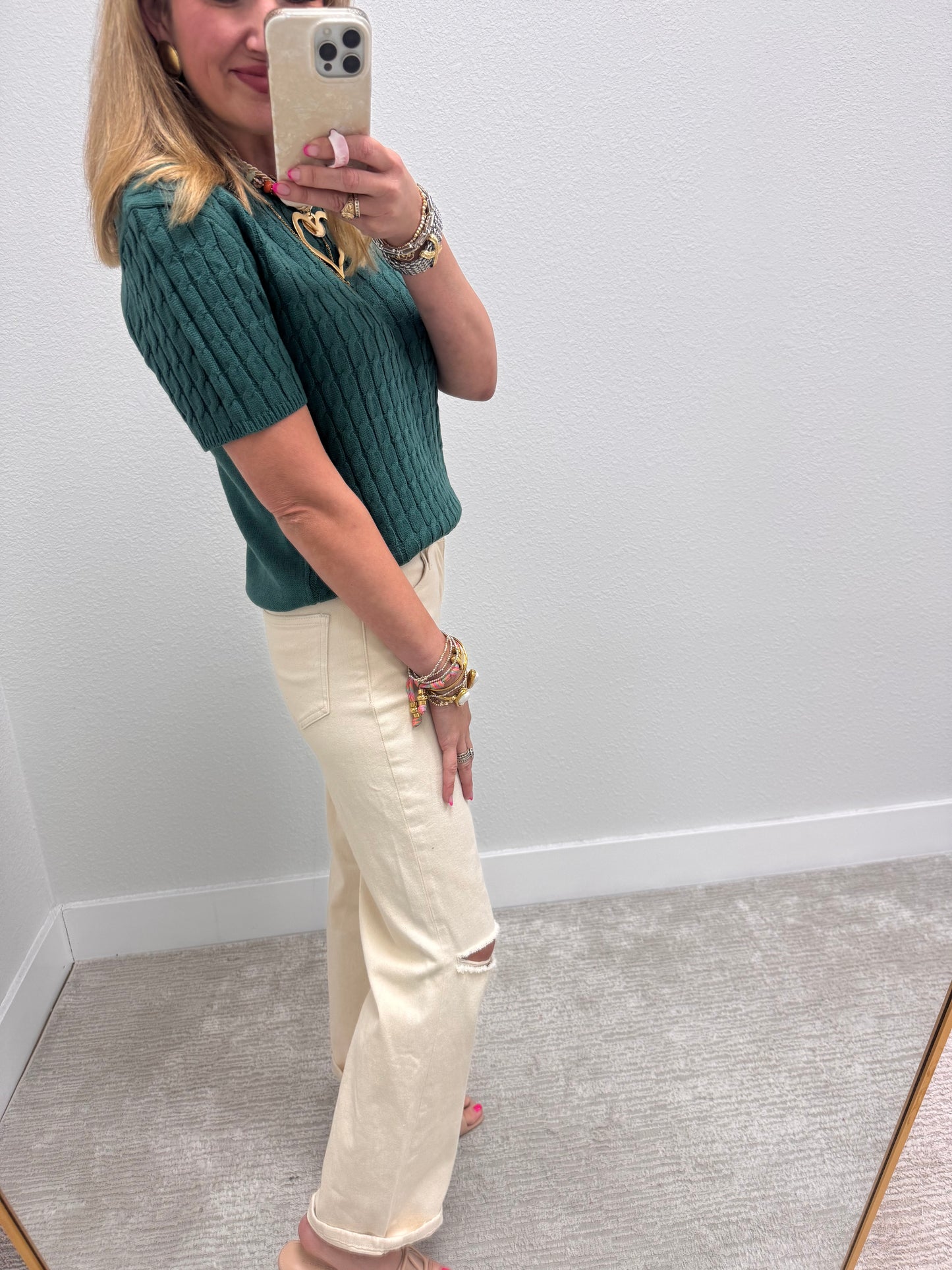 Evergreen Round Neck Cable Knit Top