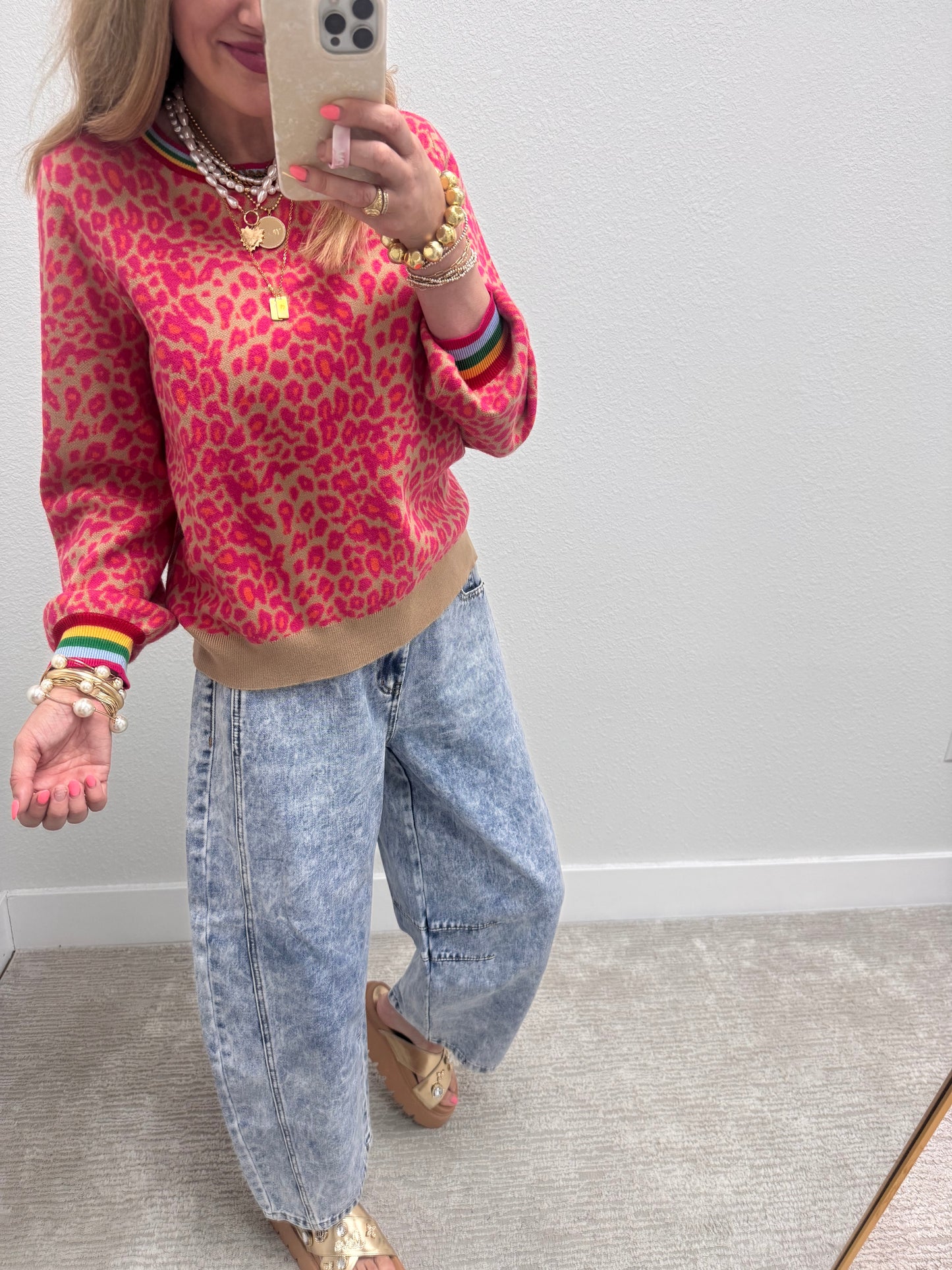 Aug11- Hot Pink Leopard Colorful Trim Sweater