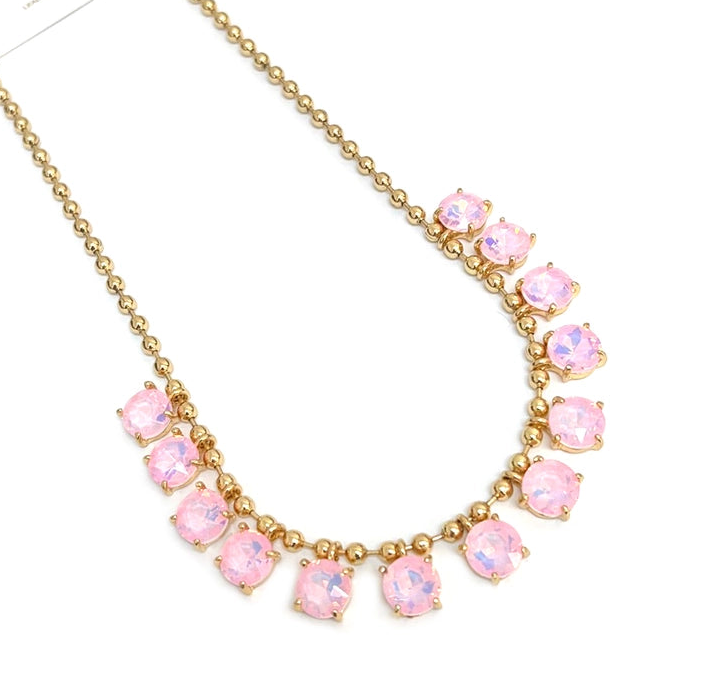 Crystal Glass Bead Dangle Station Ball Beaded Chain Necklace- Pink