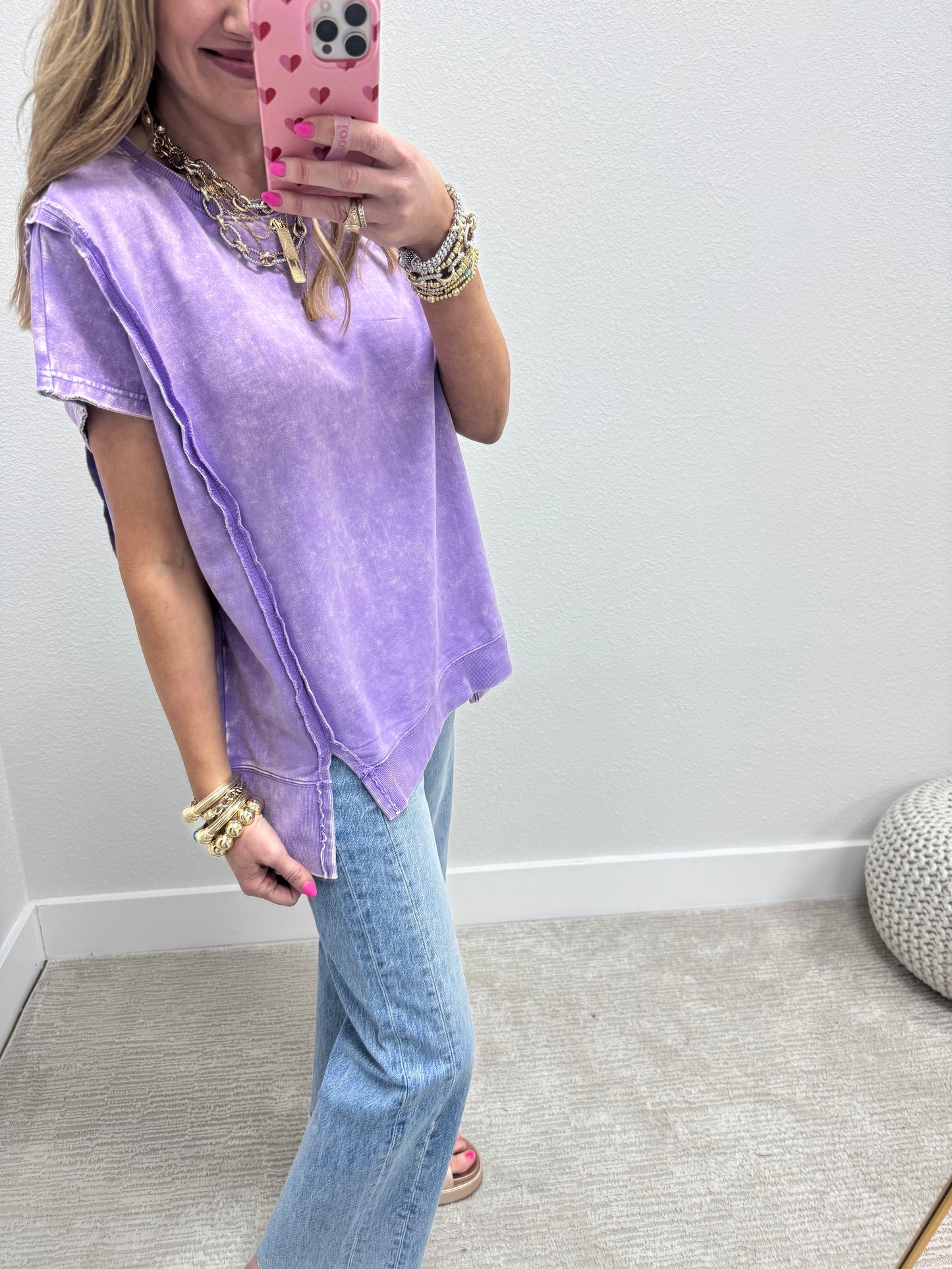 Lavender Mineral Washed Exposed Hem Short Sleeve