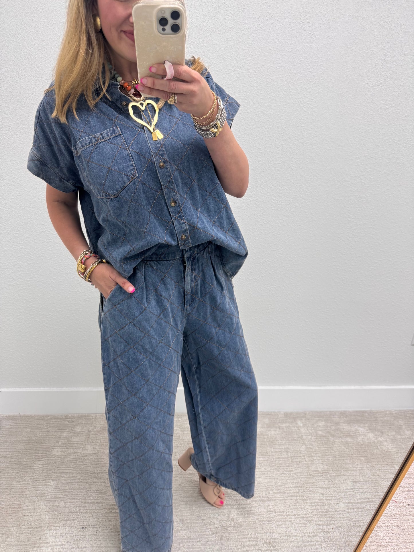 Aug18 Denim Quilted Stitched Two Piece Pant Set
