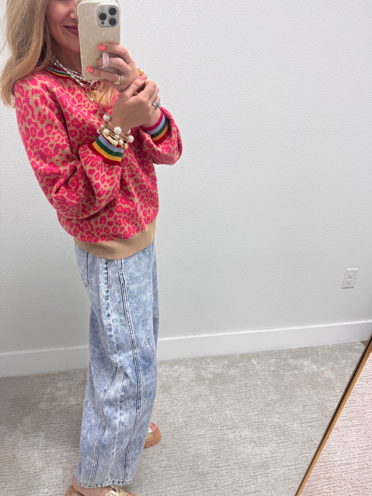 Aug11- Hot Pink Leopard Colorful Trim Sweater