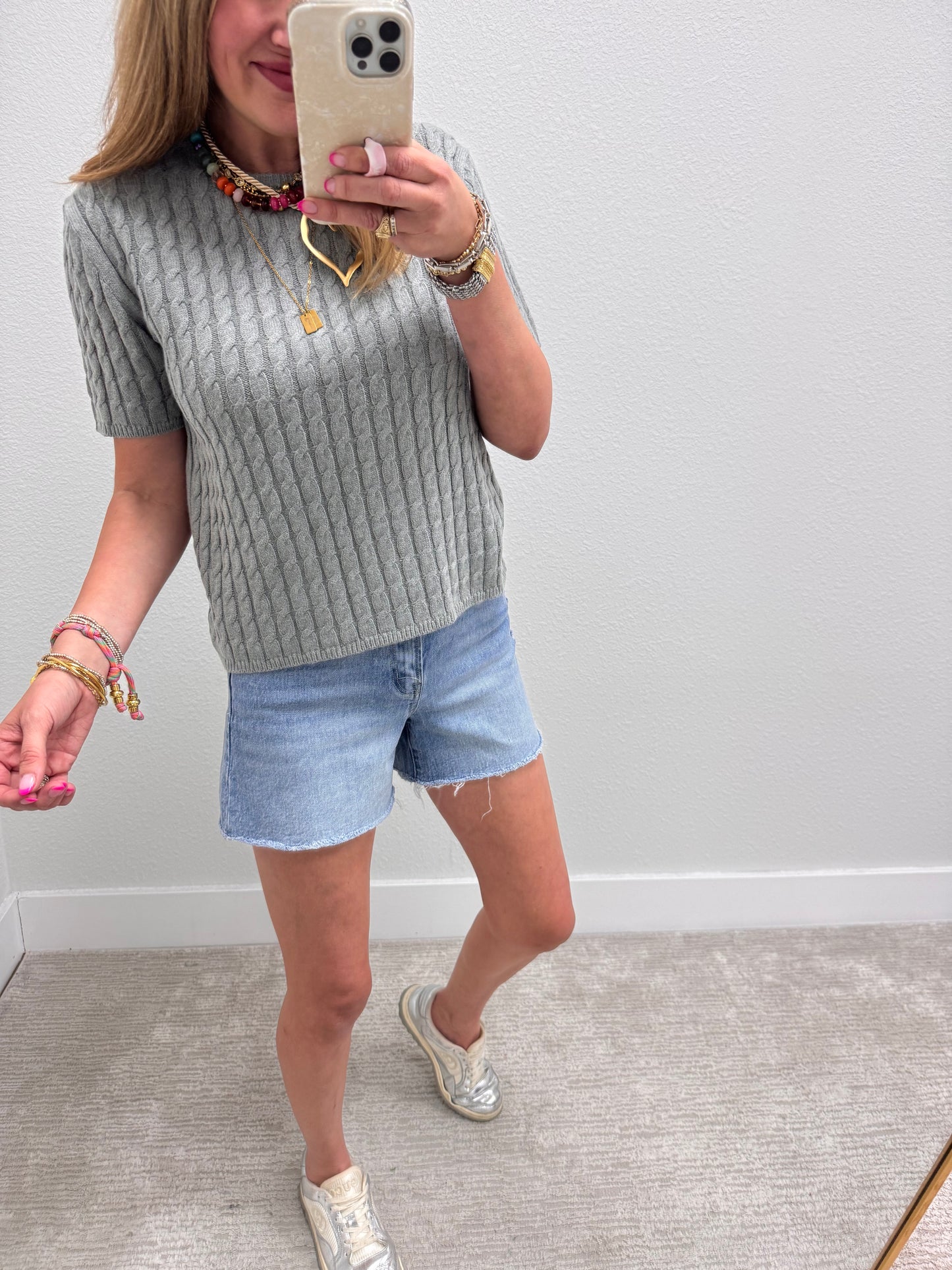 Heather Gray Round Neck Cable Knit Top