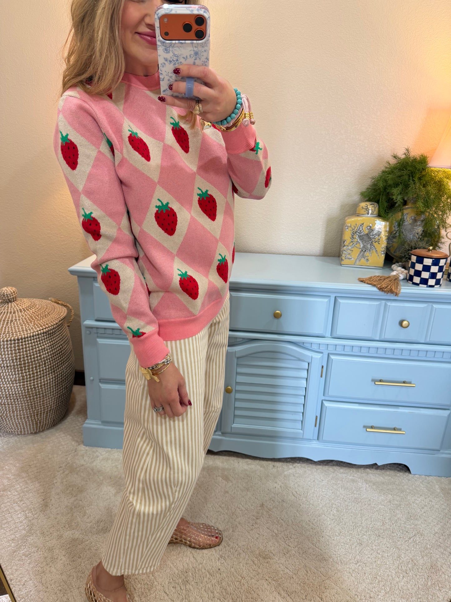 Soft Pink Strawberry and Diamond Grid Pattern Crew Neck Sweater