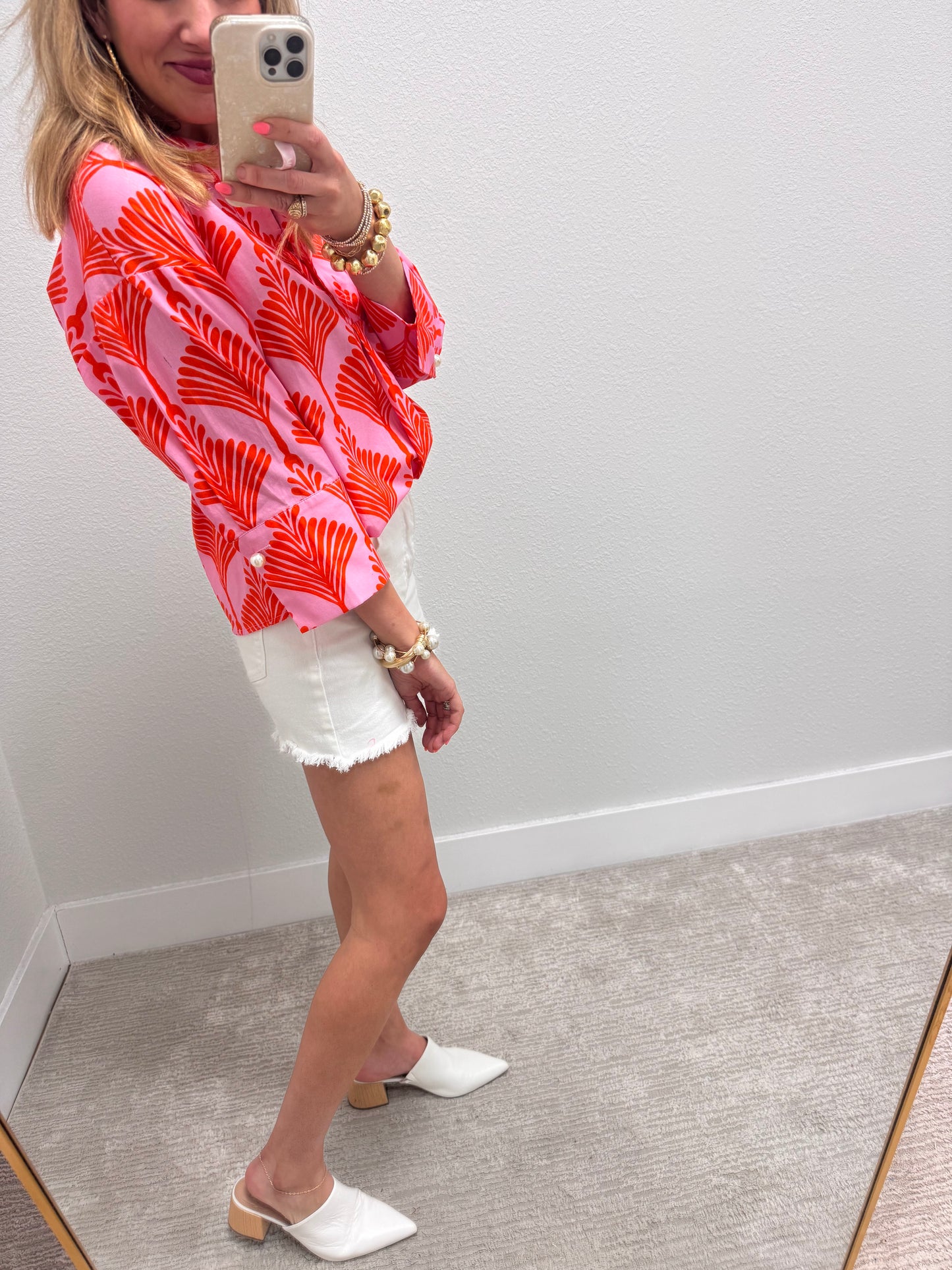 Orange Quarter Button Long Sleeve Top