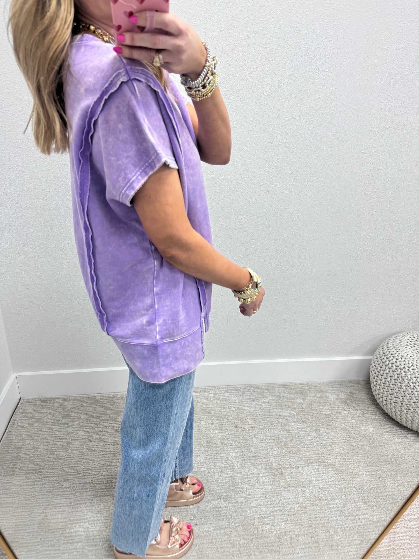 Lavender Mineral Washed Exposed Hem Short Sleeve