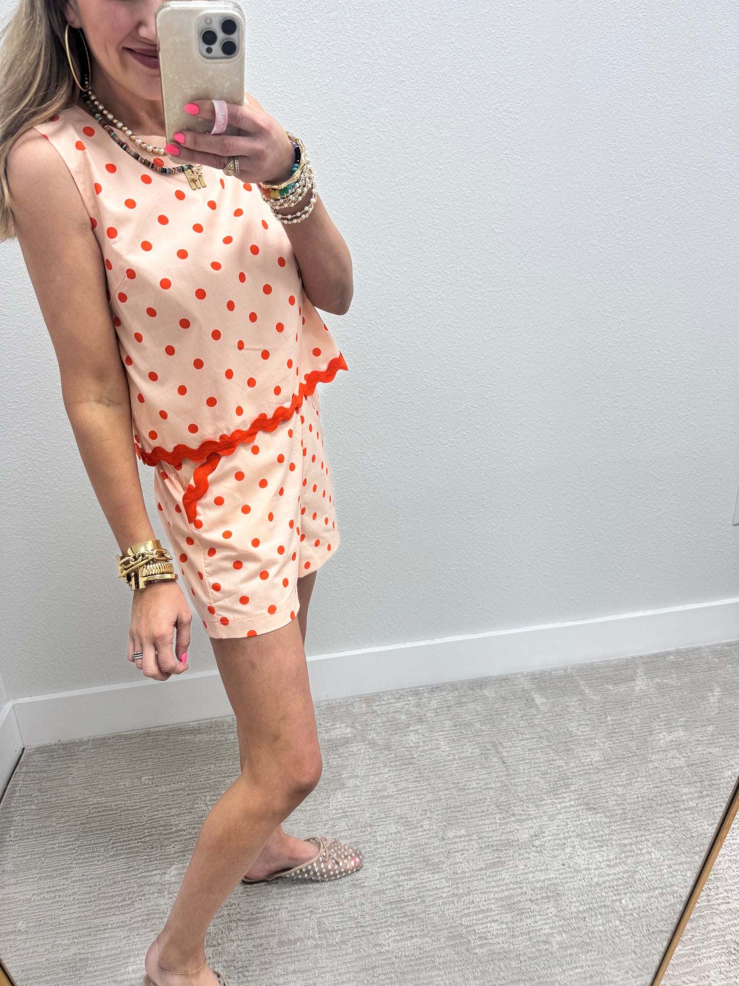 Orange and Cream Polkadot Ric Rac Two Piece Short Set