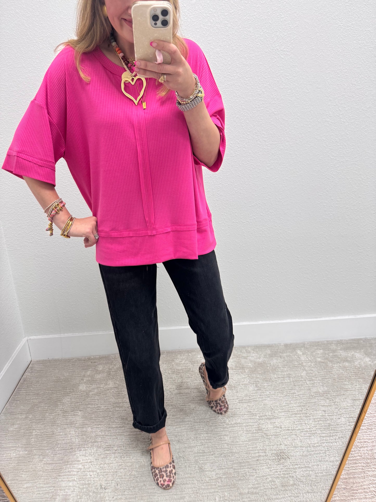 Pink Ribbed Half Sleeve Top