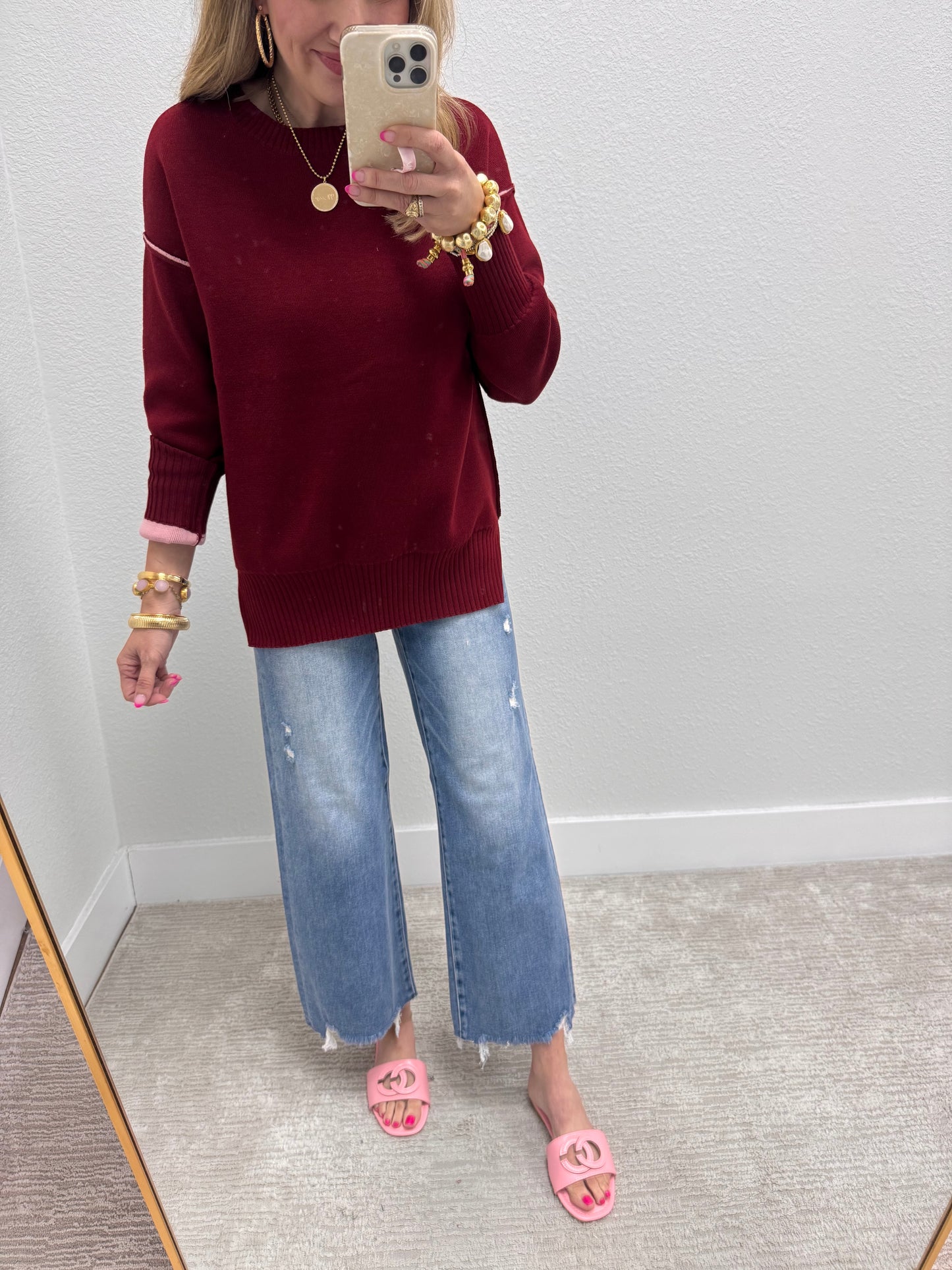Burgundy & Pink Round Neck Contrast Trim Sweater