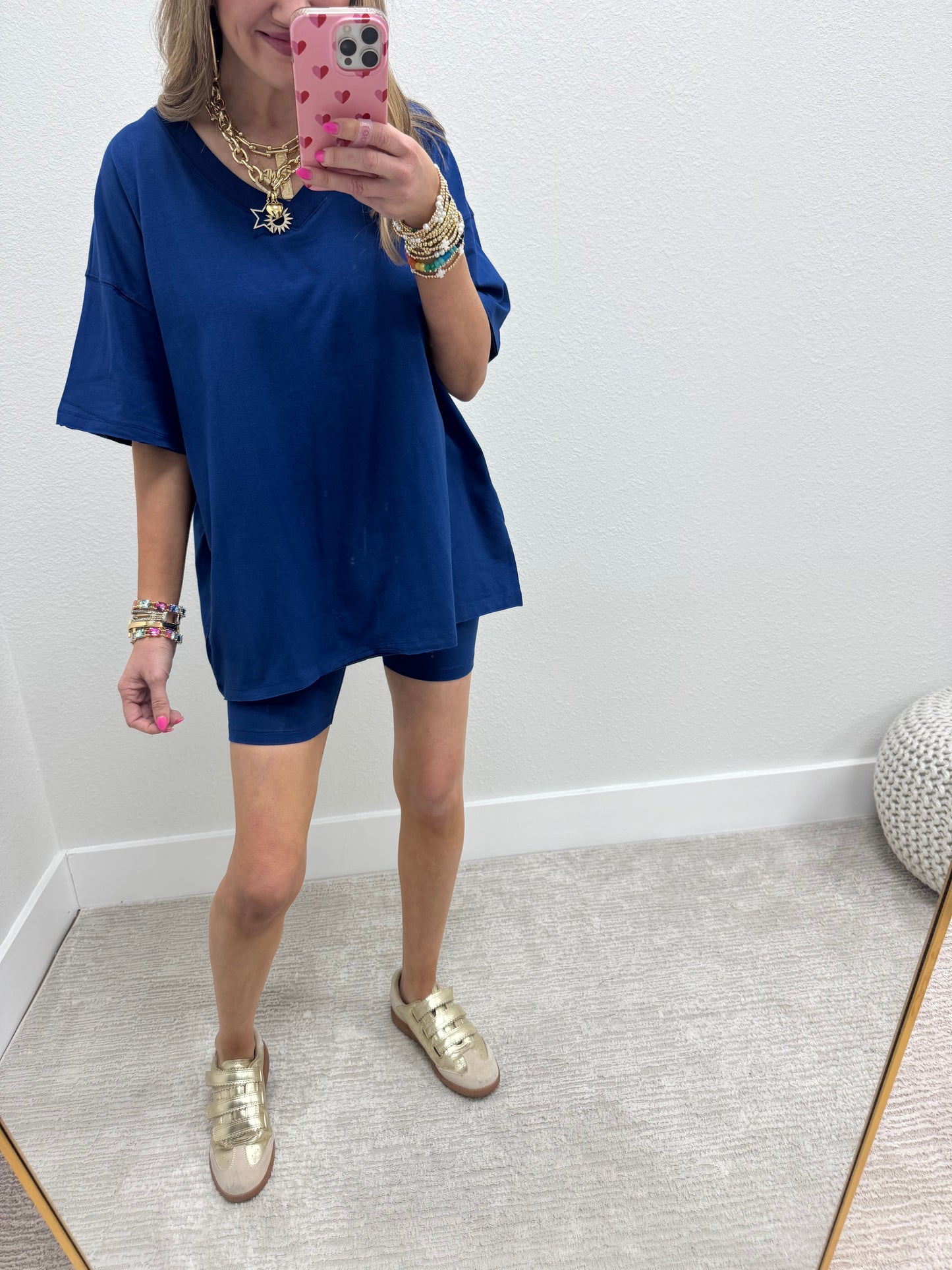 Navy Cotton Vneck Biker Short Two Piece Set