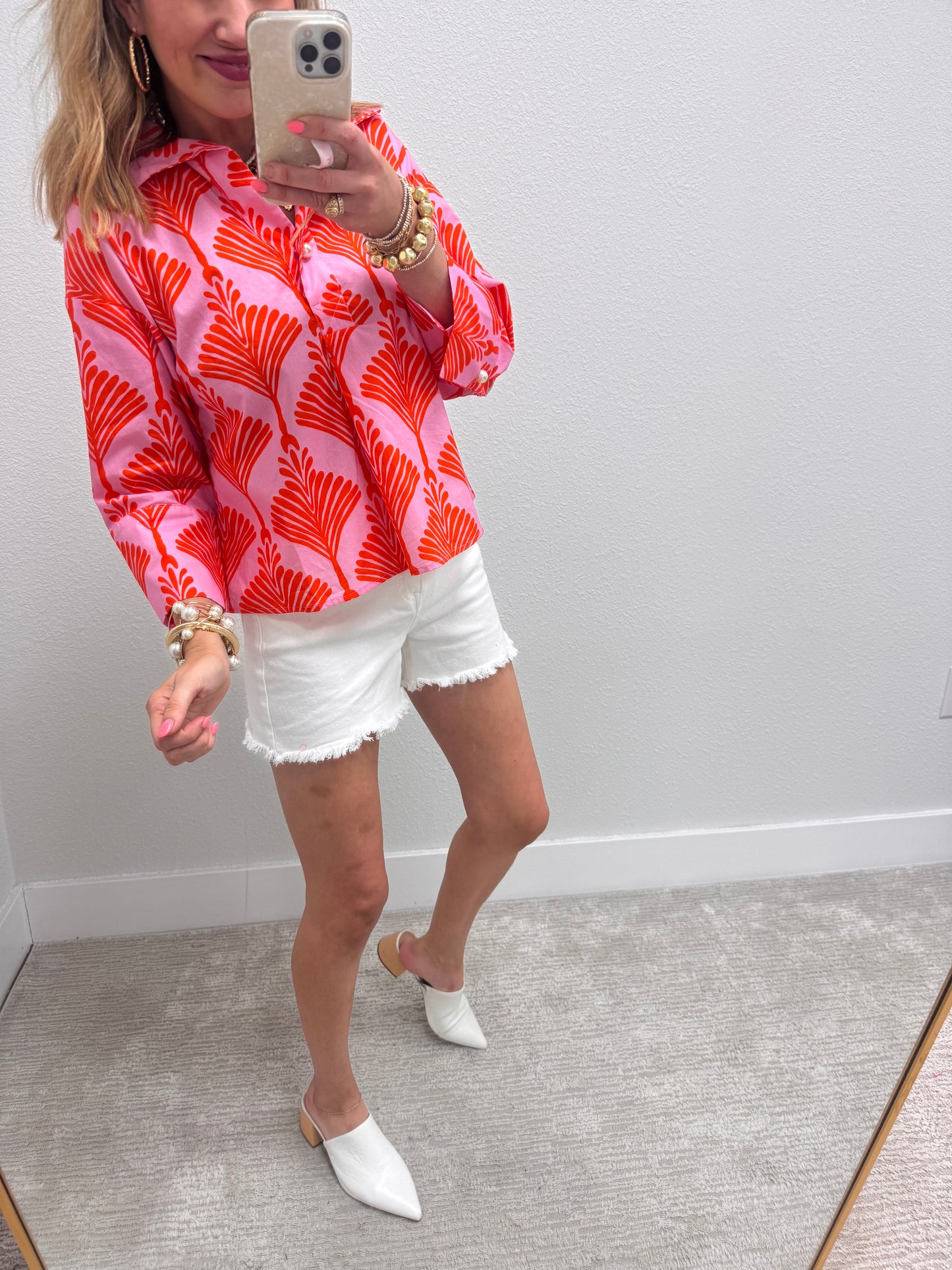 Orange Quarter Button Long Sleeve Top
