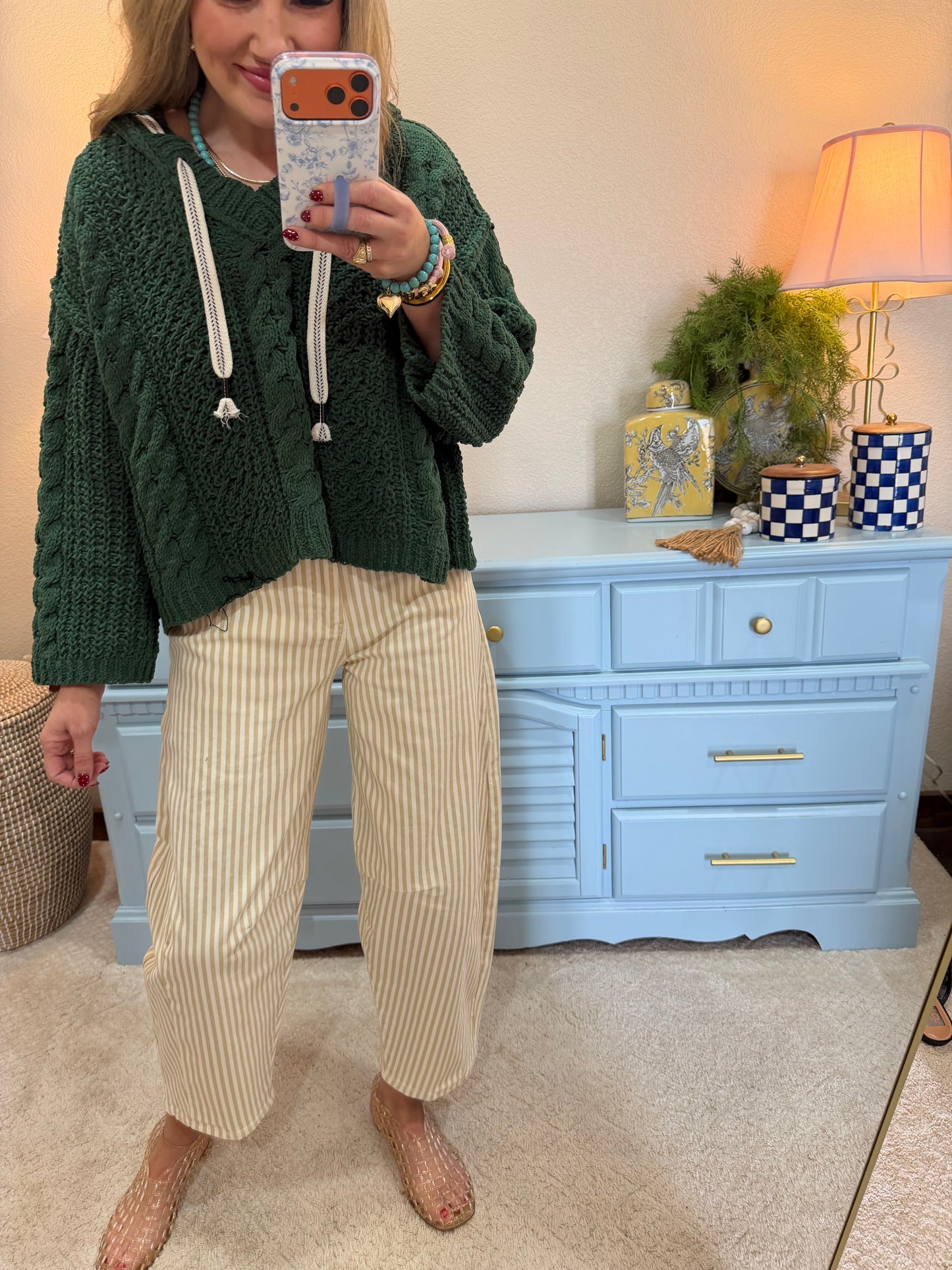 Green Cable Knit Printed Tie Sweater